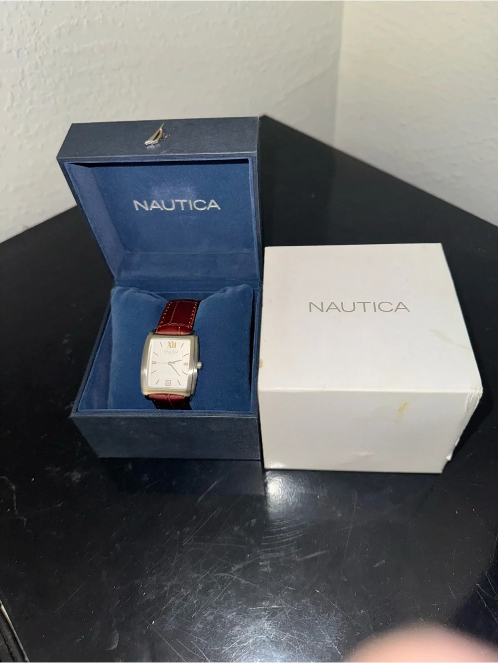 Nautica Rectangular Watch with Burgundy Leather Strap and Gold Case
